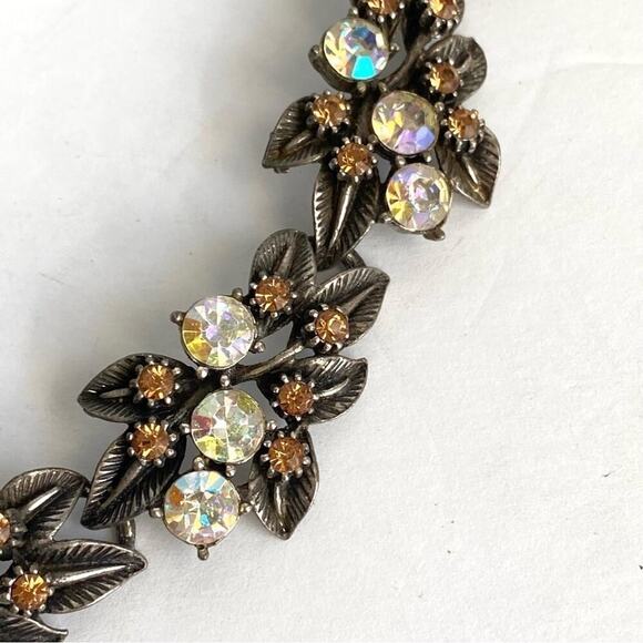 Vintage FLORENZA Necklace Aurora Borealis Crystal Leaf Floral Rhinestone Choker - Picture 5 of 9